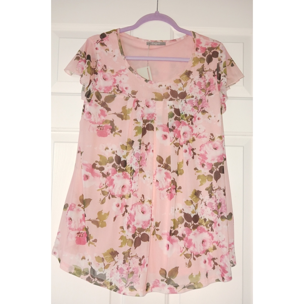 Woman's Light Pink Floral Lace Business Casual Dress Shirt Blouse
